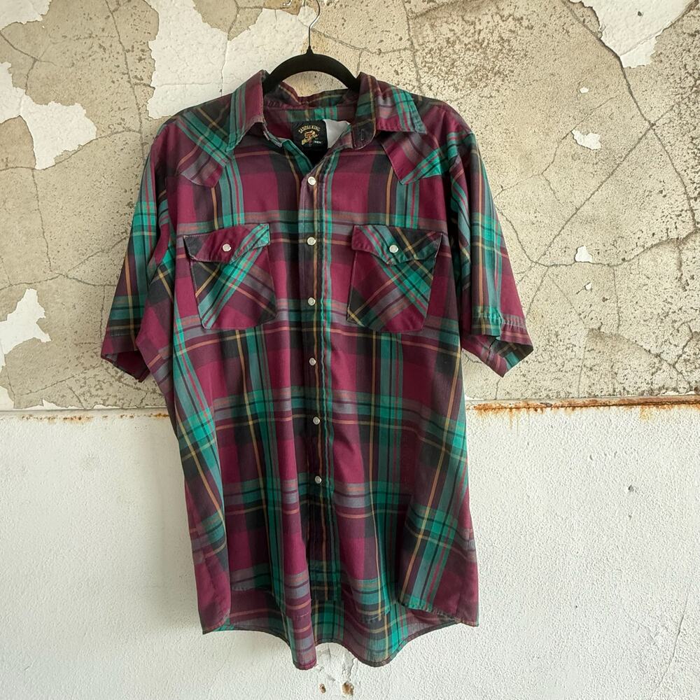 Vintage Saddle King Shirt Western Short Sleeve Pearl Snap Buttons Plaid‎ Mens L